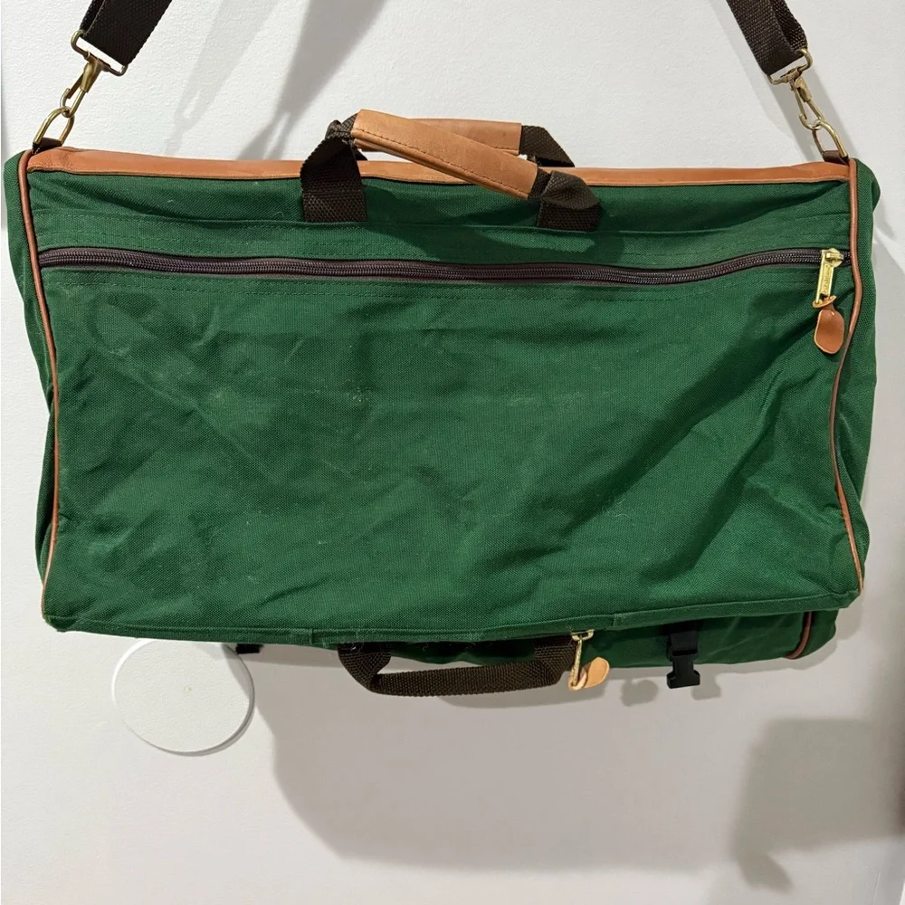 80s 90s LL BEAN Green Canvas Leather Folding Garment Carrying Bag Travel Vintage